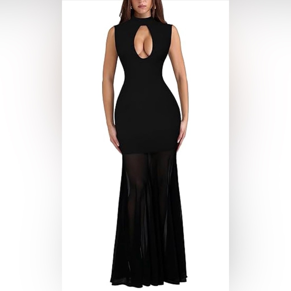 Black Sleeveless Sheer Mesh Bodycon Dress Medium